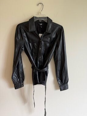 PAIGE Black Faux Leather Belted Shirt Jacket